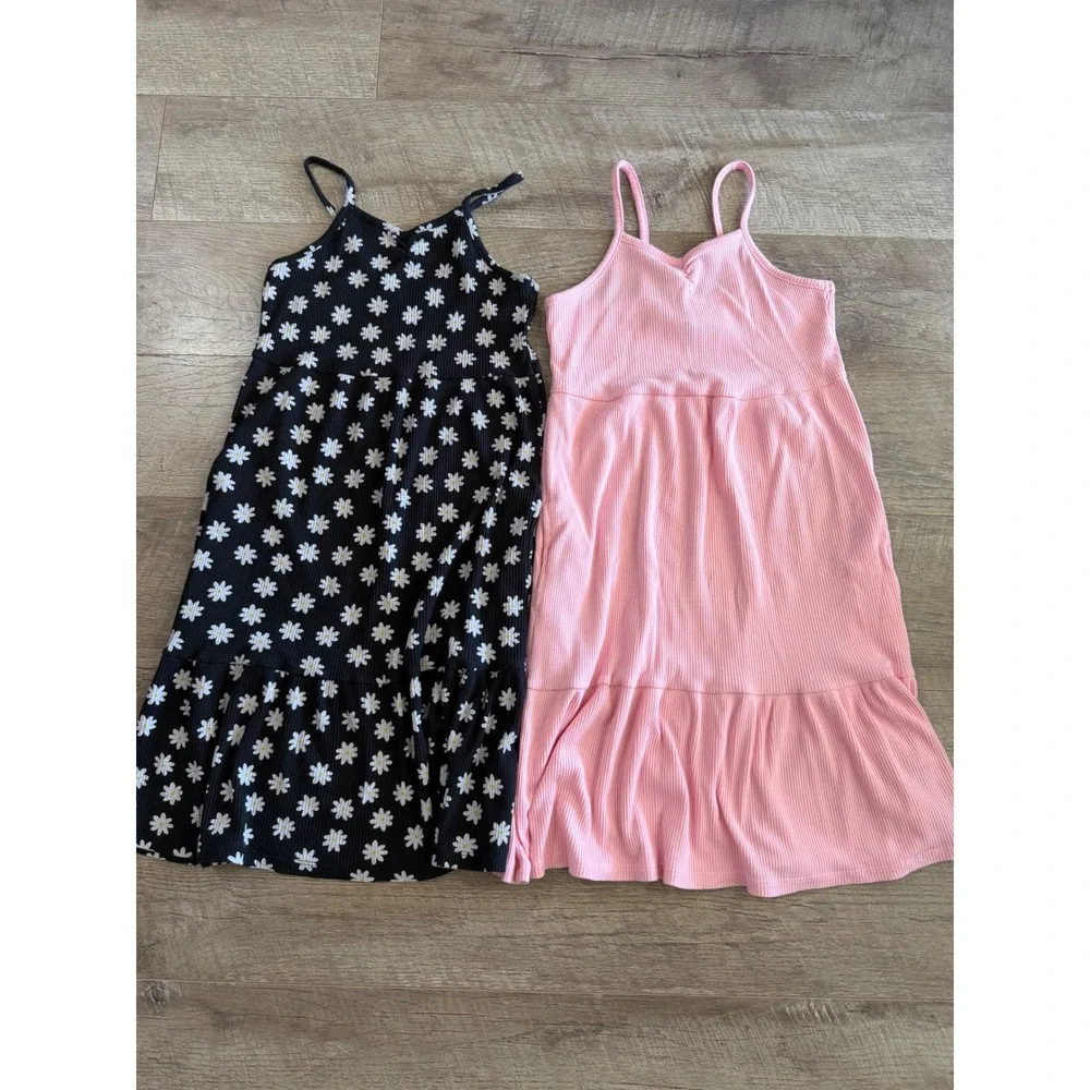 Old Navy Girls Ribbed Cami Dress Set 2pk Daisy Floral Pink Black Size L 10-12
